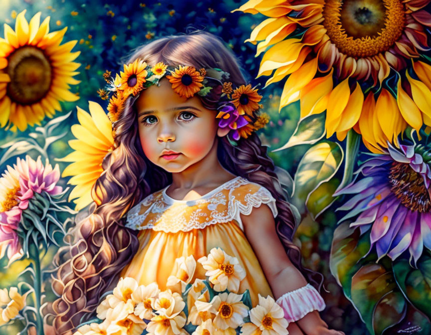 Young girl with floral crown in vibrant sunflower field