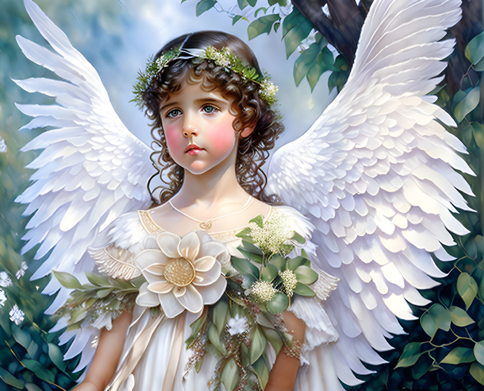 Young angel with white wings in floral headpiece and dress against leafy backdrop