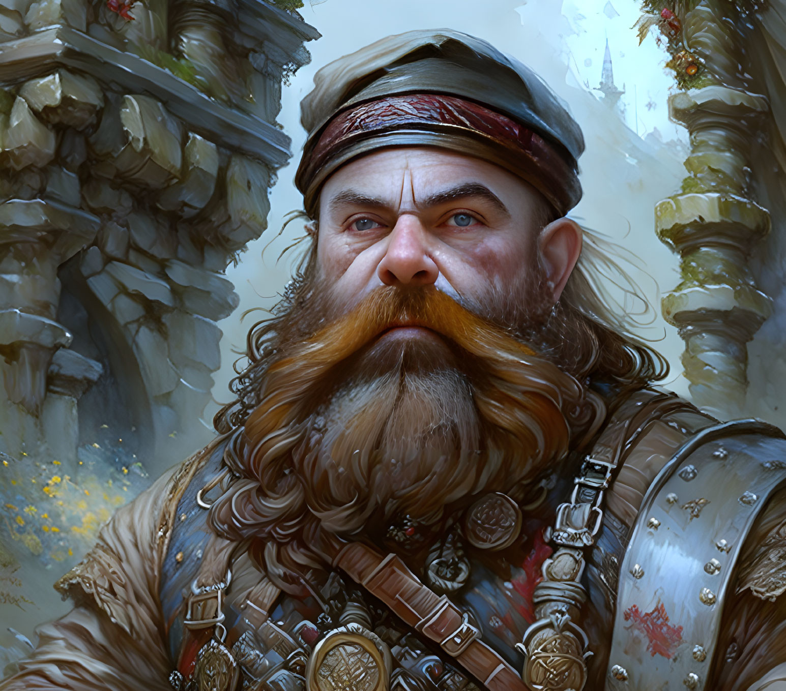 Portrait of stern dwarf in armor with bushy beard amid ancient stone ruins