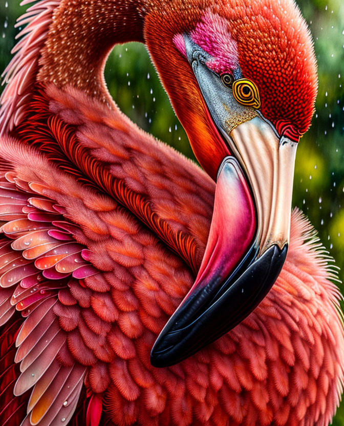 Detailed Close-Up of Vibrant Flamingo Feathers, Beak, and Eye