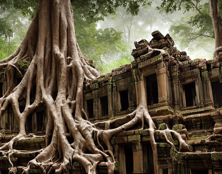 Ancient temple ruins entwined in giant tree roots in misty forest