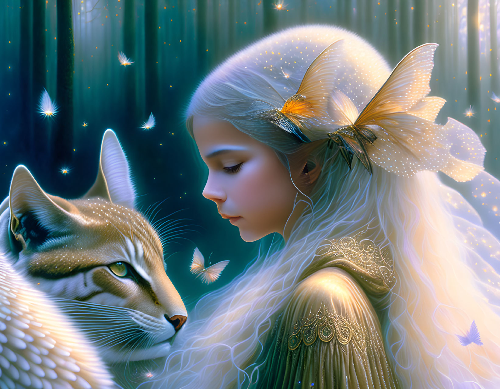 Serene girl with butterfly in hair gazes at fox in mystical starlit scene