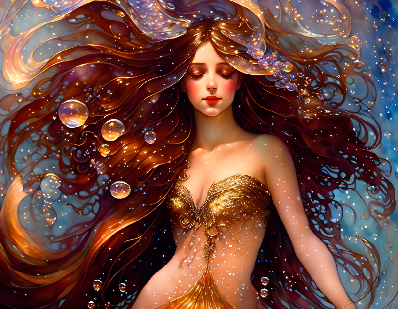 Illustration of woman with flowing hair in golden garment and shimmering bubbles