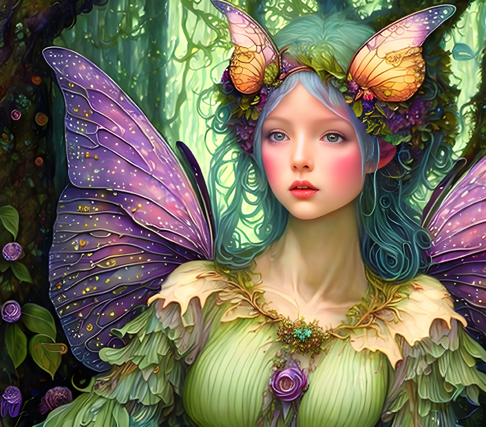 Fantasy illustration of female character with butterfly wings in vibrant colors