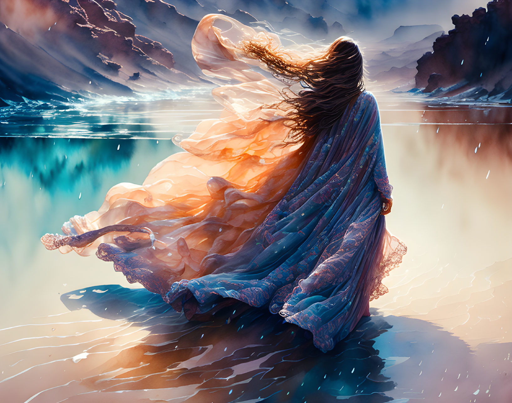 Woman in Colorful Gown by Serene Lake and Mountain Landscape