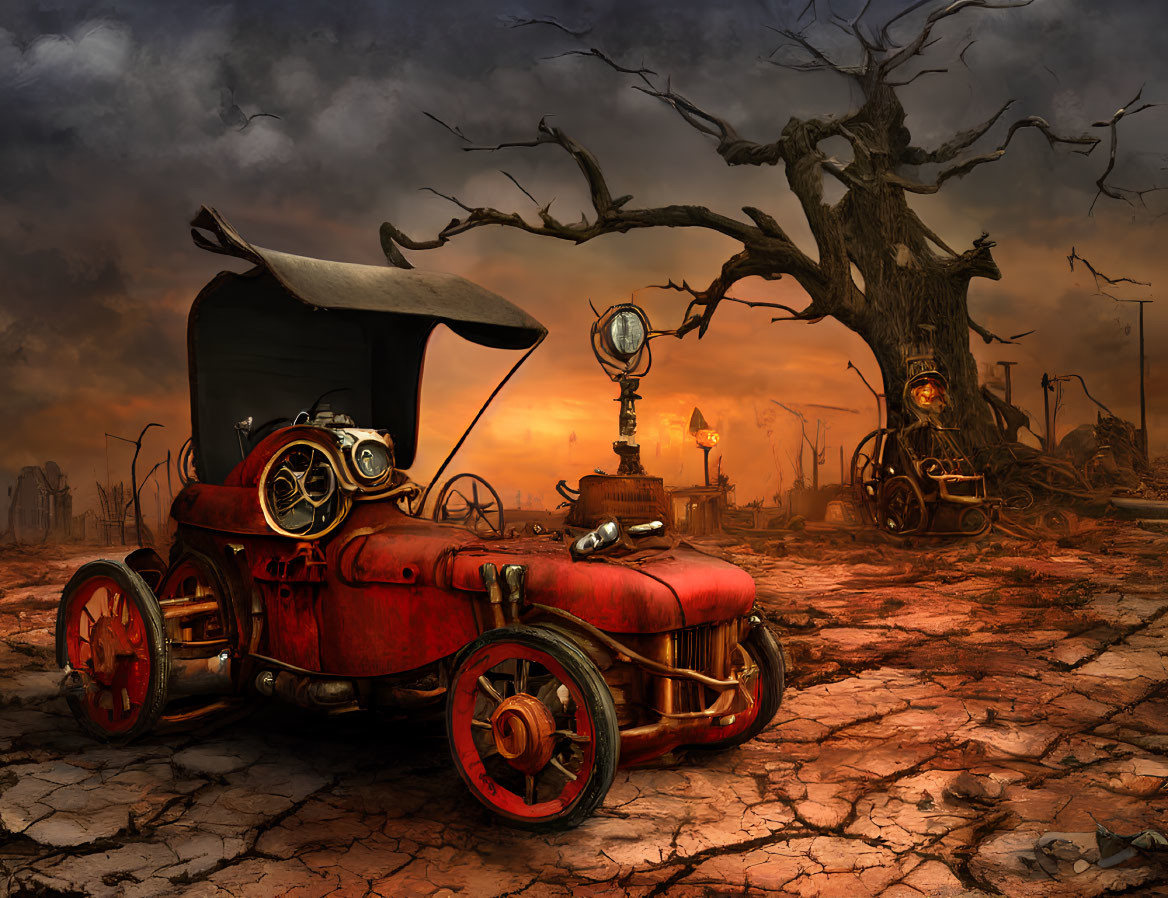 Dystopian digital artwork: cracked ground, fiery sky, steampunk vehicles