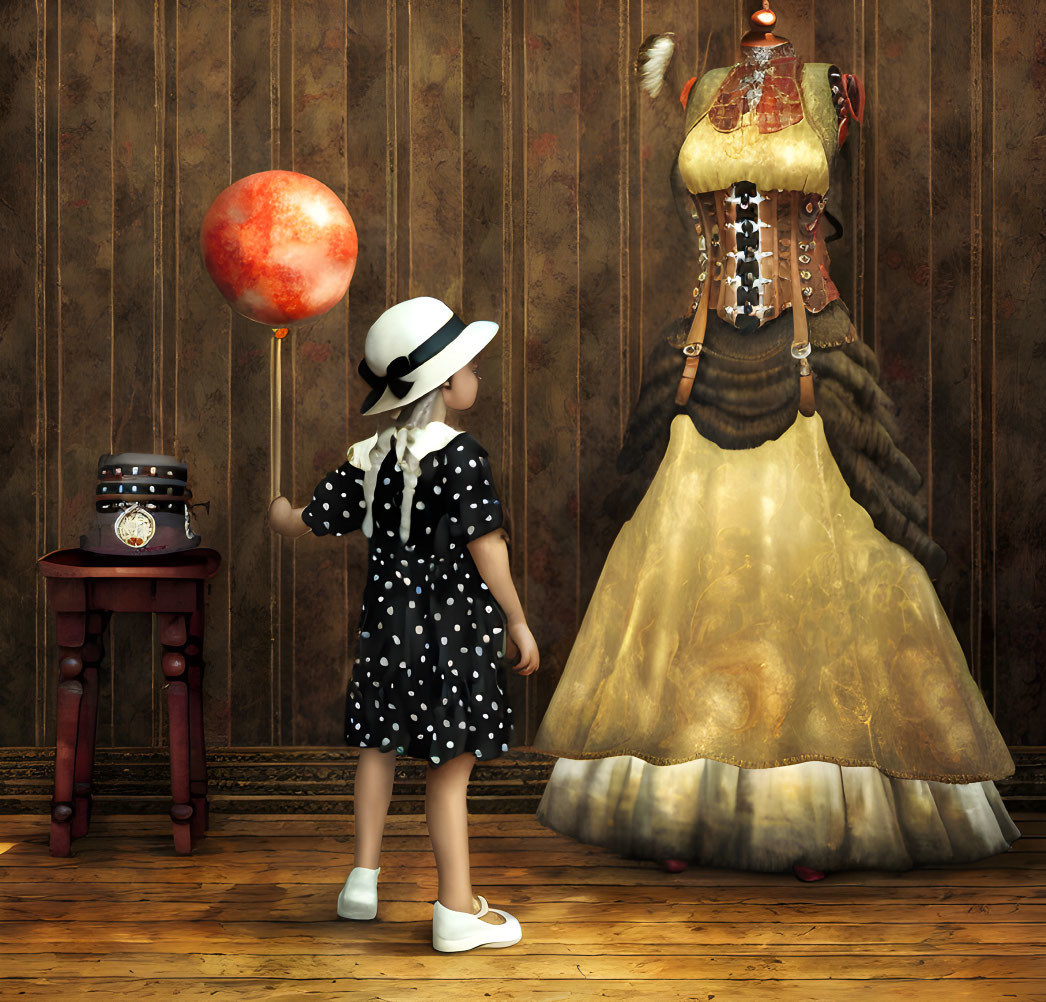 Young girl in polka dot dress with red balloon and antique dressform in vintage room