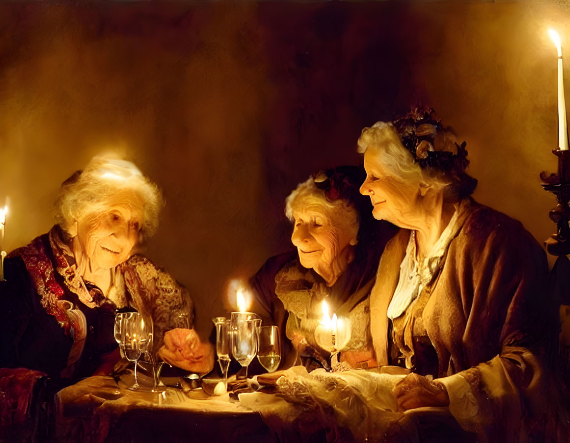 Elderly women in vintage attire gathered around candlelit table