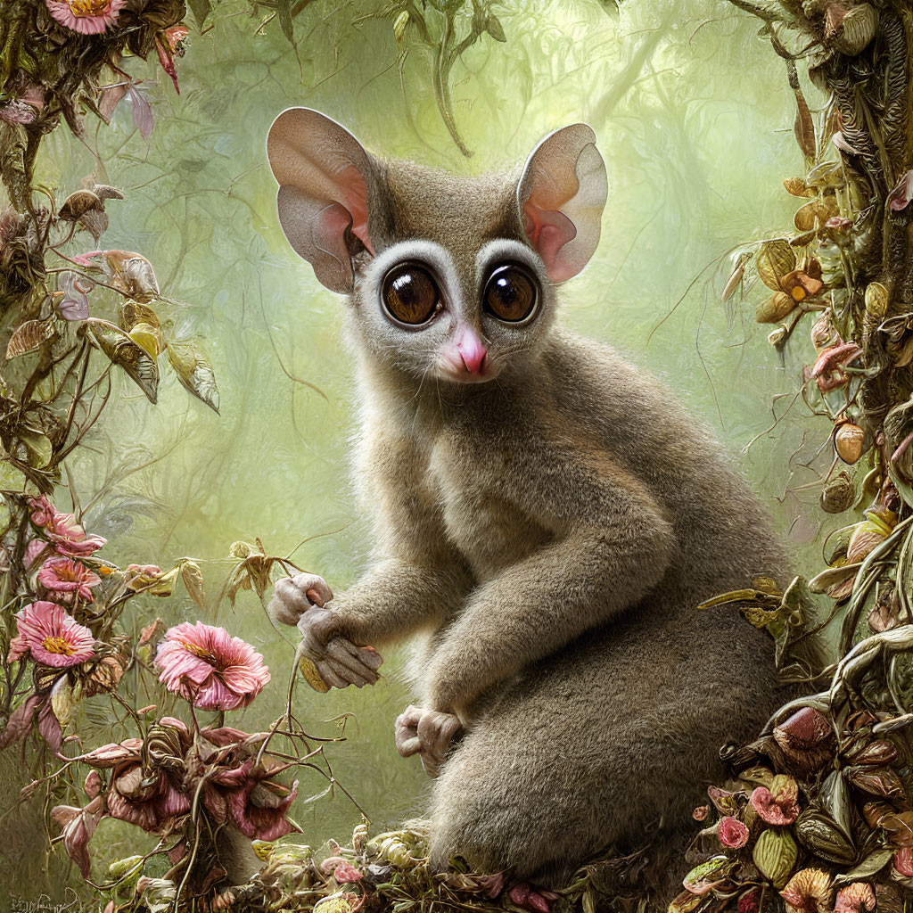 Illustration of bushbaby in lush greenery with oversized eyes