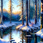 Snow-covered trees and blue stream in tranquil winter forest