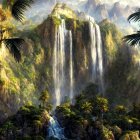 Scenic mountain waterfall in lush forest landscape