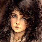 Sepia-toned digital painting of a young girl with curly hair and expressive gaze