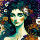 Detailed painting: Woman with curly hair & floral adornments on colorful abstract background