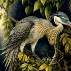 Detailed illustration: Great blue heron on tree branch in lush green foliage