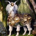 White goat in golden armor in magical forest with hummingbirds