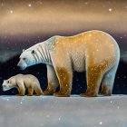 Polar bear and cub in icy landscape under starry sky