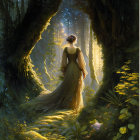 Elegant woman in golden dress at classical ruins with waterfall.