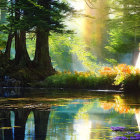 Sunlit forest with pond, lily pads, and flowers