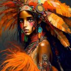 Vibrant woman portrait with feather headdress and jewelry in orange and blue tones
