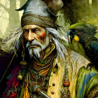 Illustrated pirate with tricorn hat and parrot in enchanted forest.