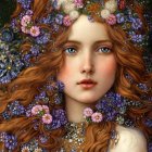 Fantasy portrait of woman with auburn hair, adorned with flowers and butterflies