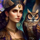 Woman with owl features and ornate gold jewelry beside owl companion