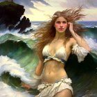 Woman with flowing hair merging with stormy sea and rocky cliffs in a painting