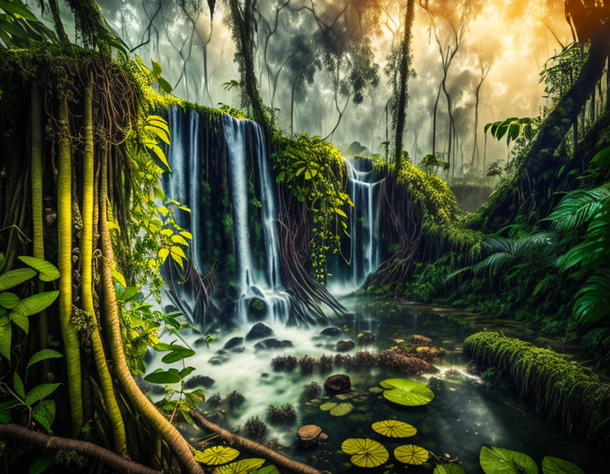 Verdant forest waterfall with serene water and lily pads