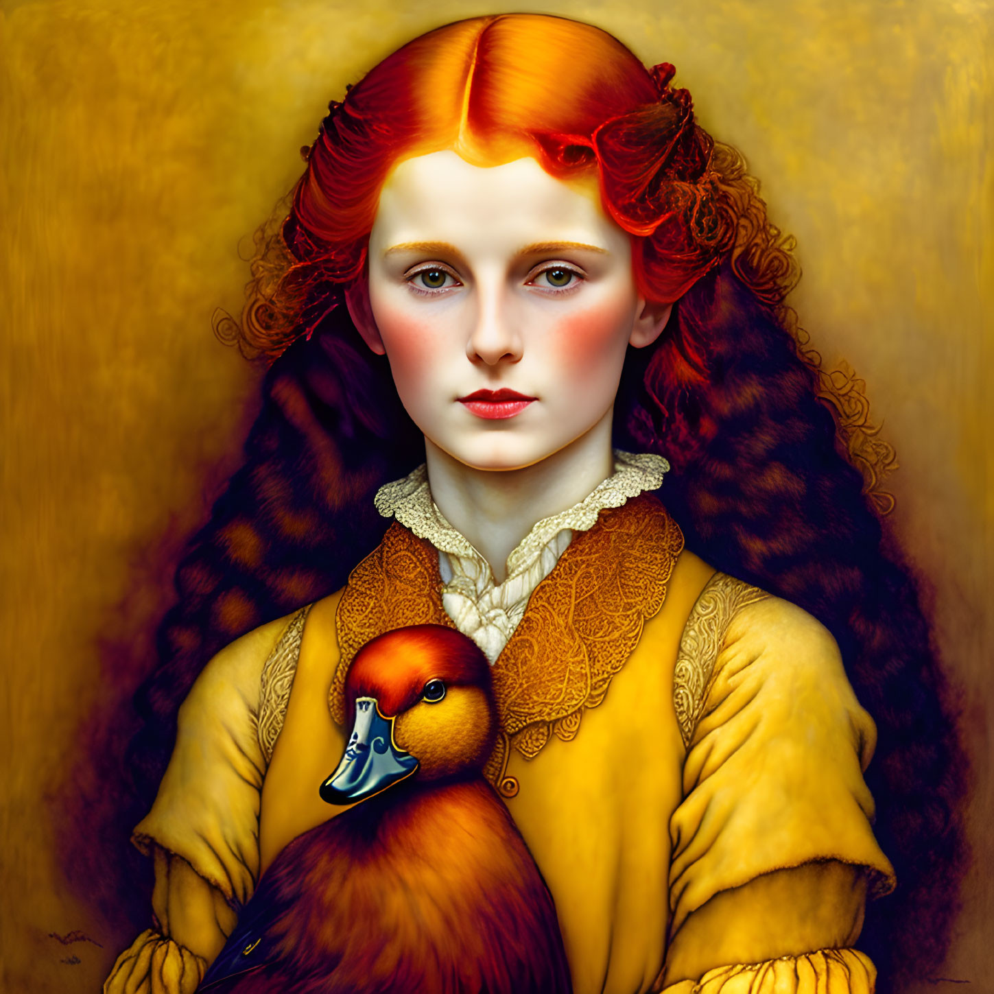 Vivid portrait of woman with red hair holding a duck in golden yellow dress