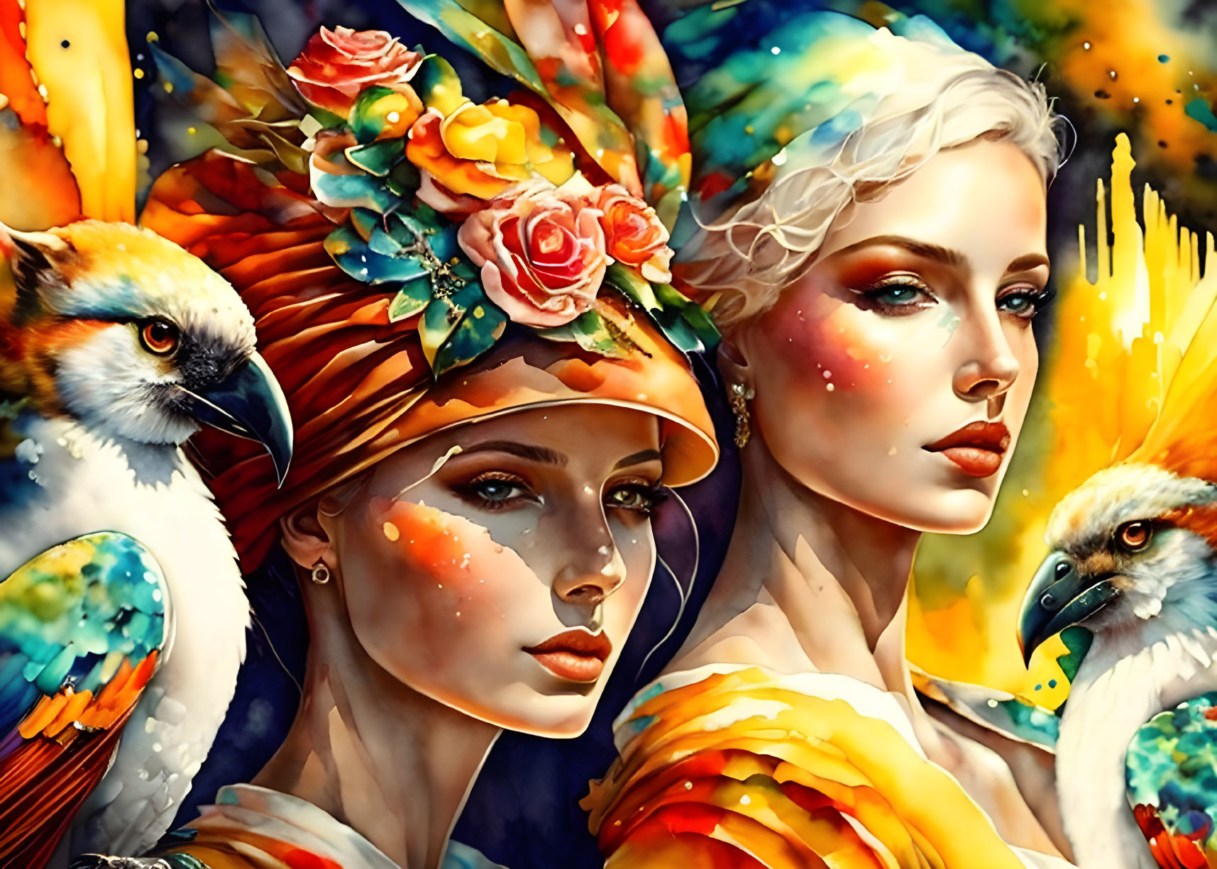 Colorful bird-inspired headpieces on two women surrounded by vibrant birds and detailed background