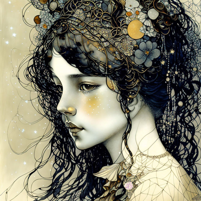 Illustrated portrait of a girl with celestial motifs and night sky hair.