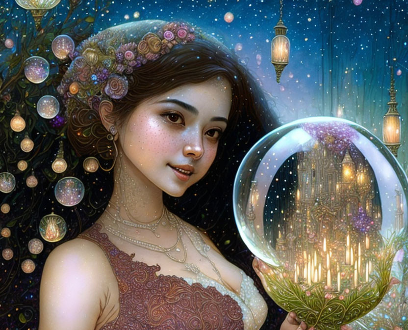 Digital painting of woman with floral hair holding glowing orb showing fantasy castle against starry backdrop