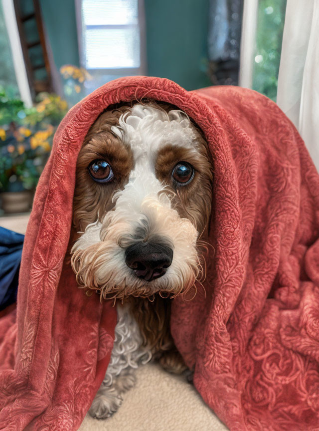 Brown and White Dog with Blue Eyes under Red Blanket in Room with Greenery