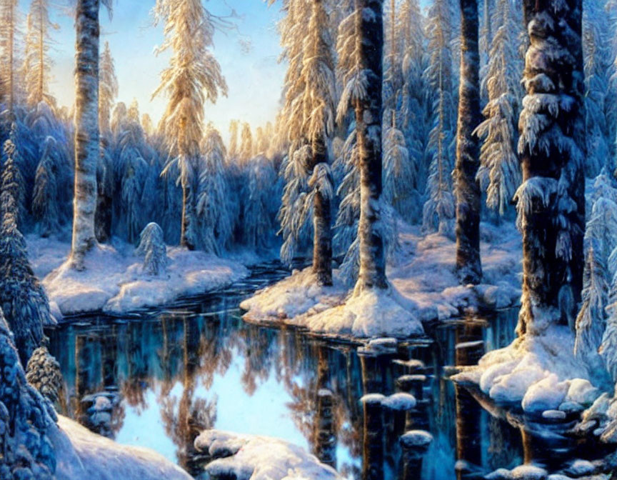 Snow-covered trees and blue stream in tranquil winter forest