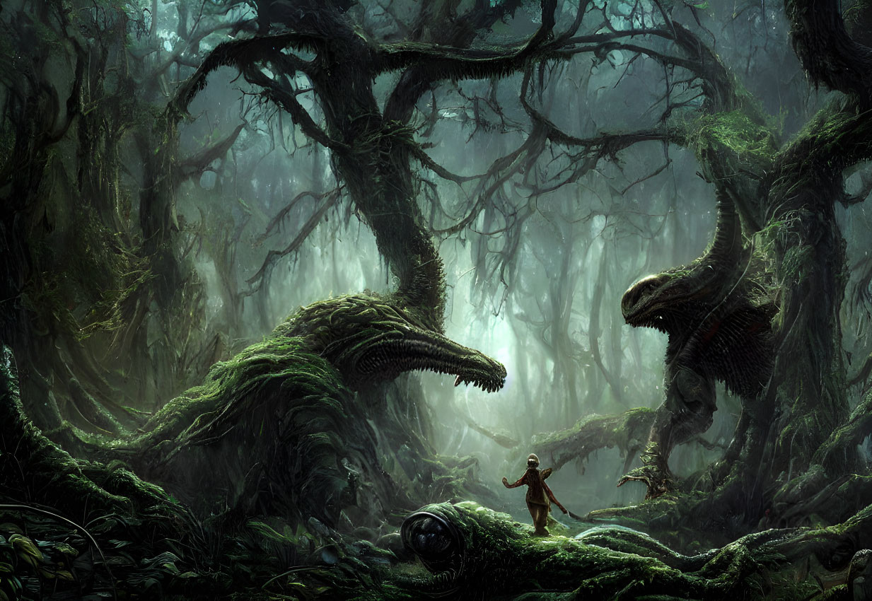 Person in Dark Forest with Giant Reptilian Creatures