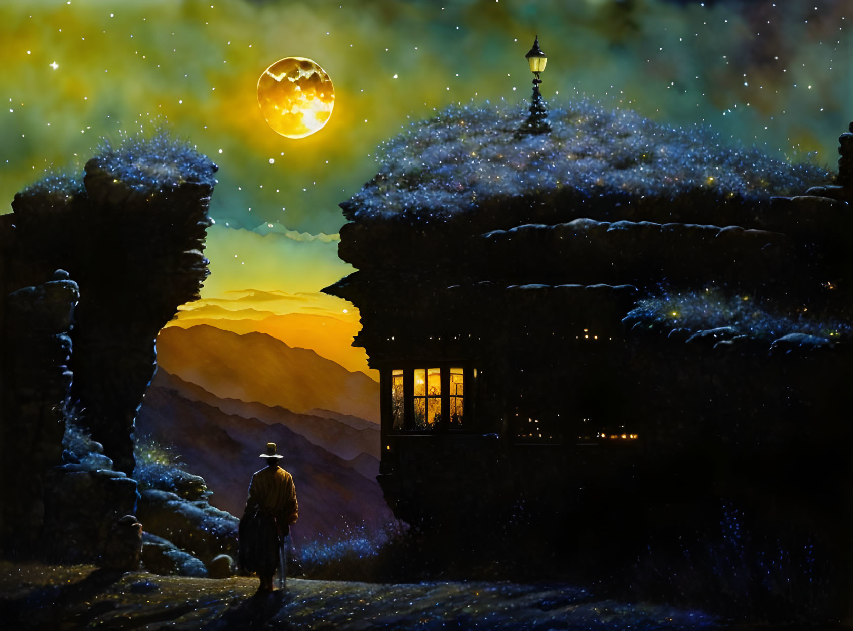 Person walking to cozy cabin under starry sky with full moon, rocky terrain, and snow-capped