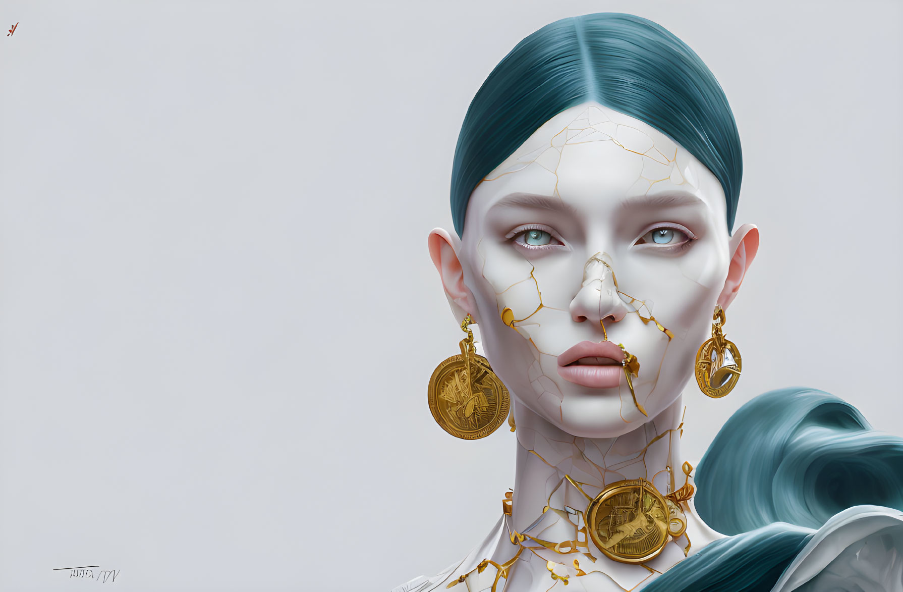 Digital Artwork: Woman with Pale Skin, Cracked Golden Lines, Teal Hair, Gold E