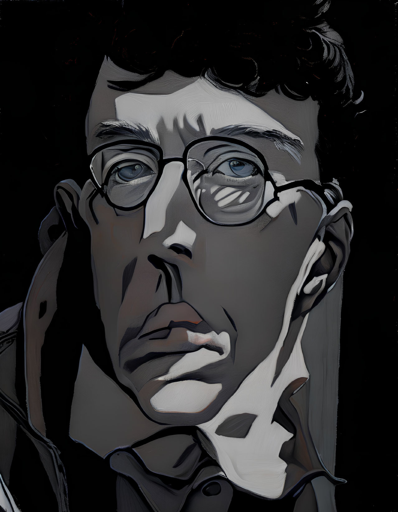 Stylized portrait of a person with glasses and hand on face against dark background