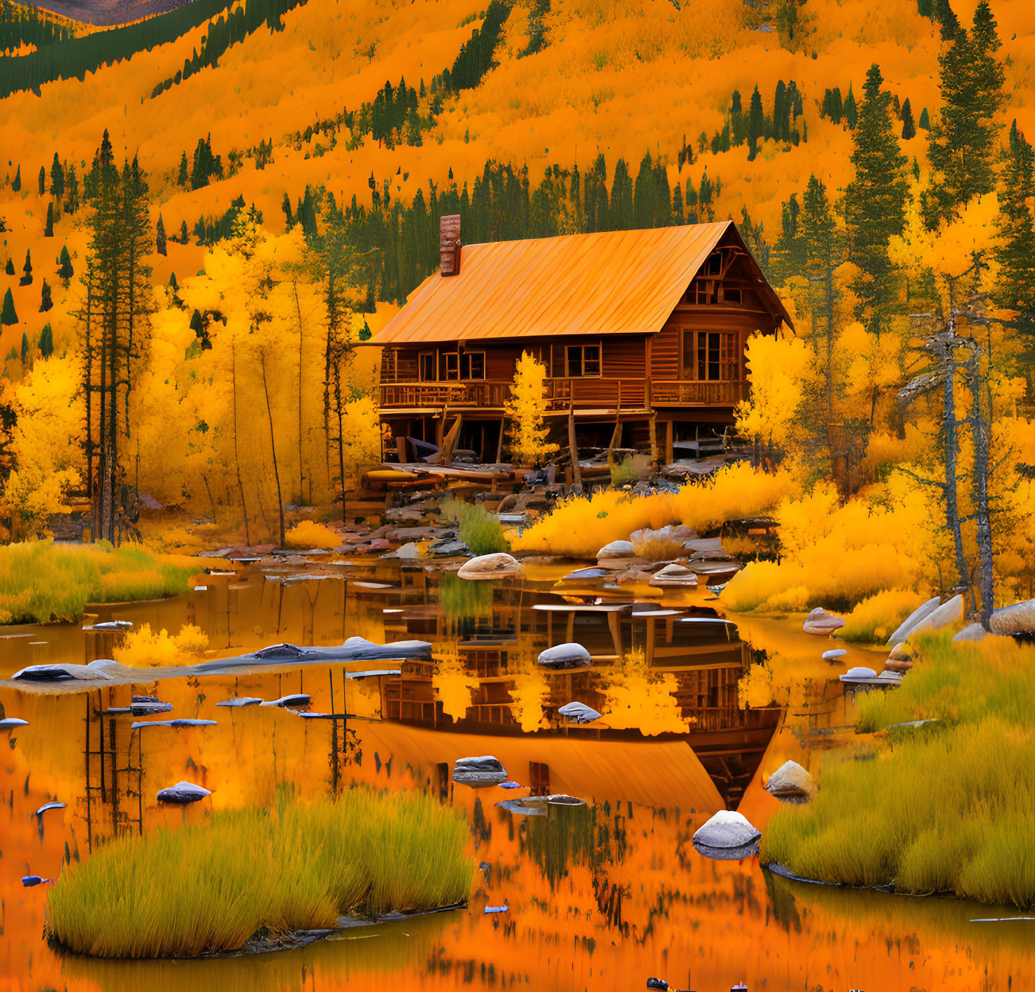 Secluded Wooden Cabin Surrounded by Autumn Foliage and Reflecting Pond