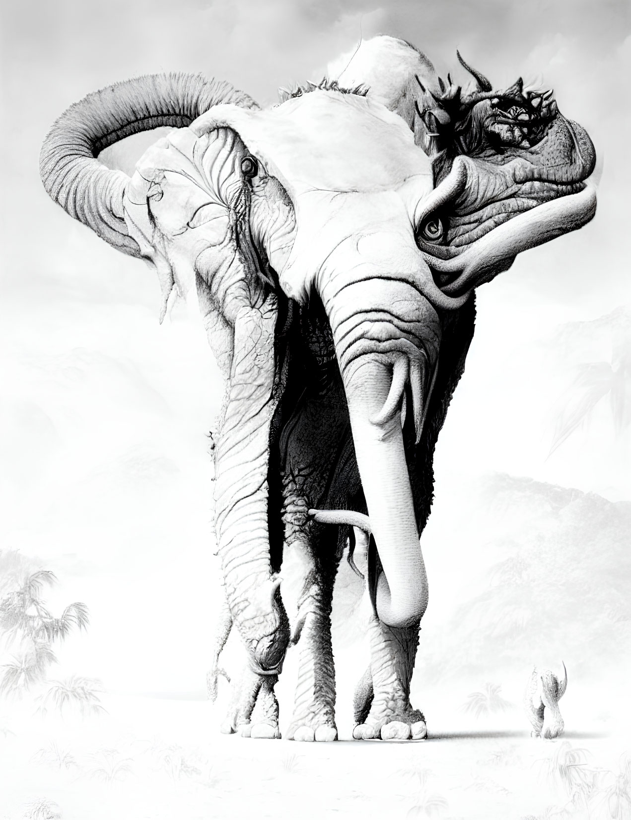 Stylized black and white illustration of a creature with elephant body and multiple animal heads