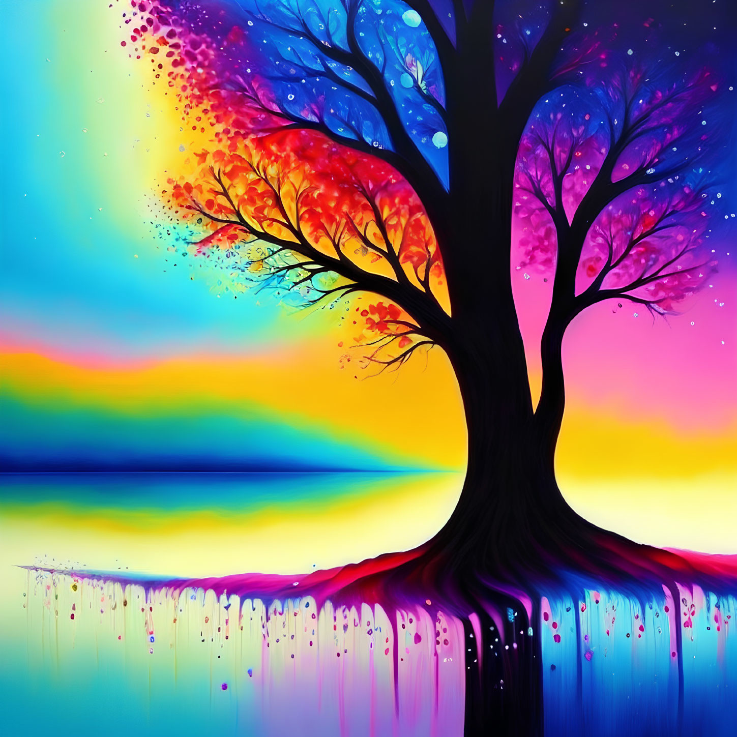 Colorful Tree Painting with Rainbow Sky and Dripping Paint Effect