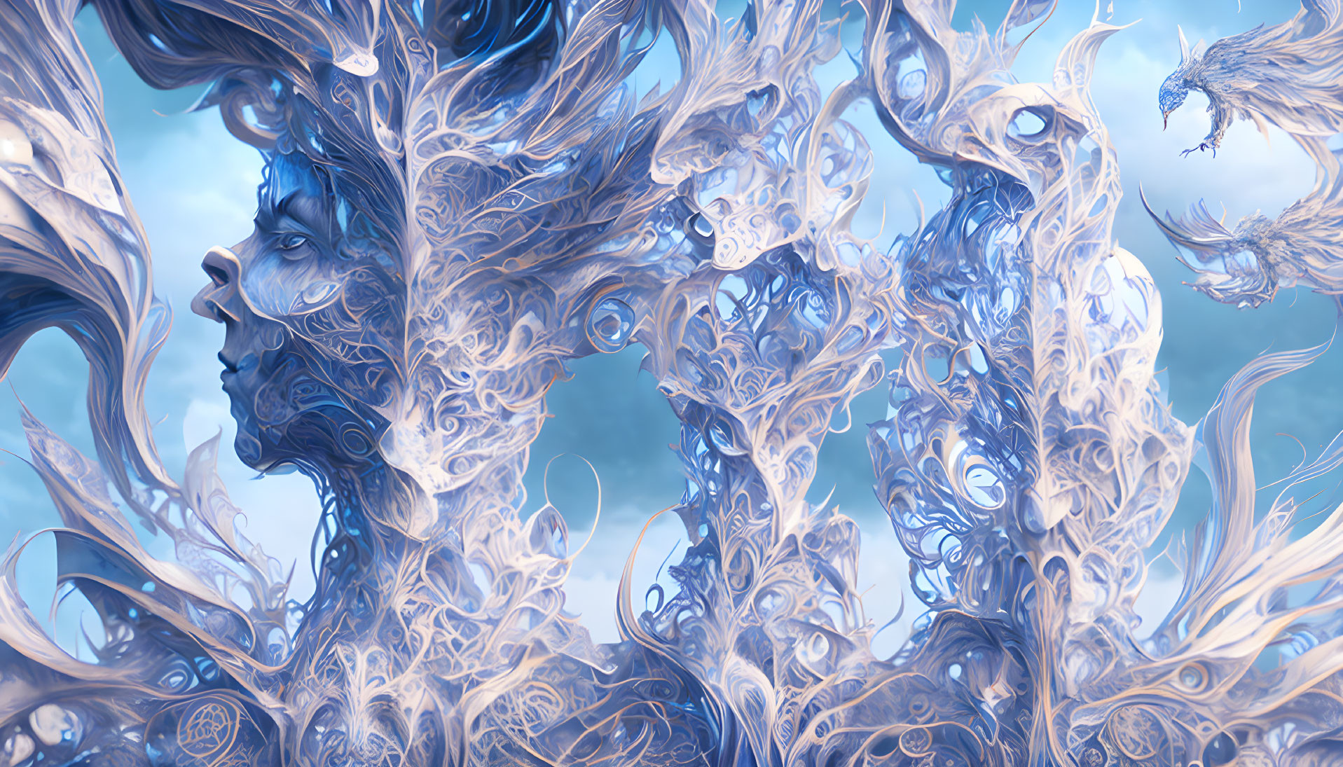 Ethereal artwork featuring faces and swirling blue patterns.