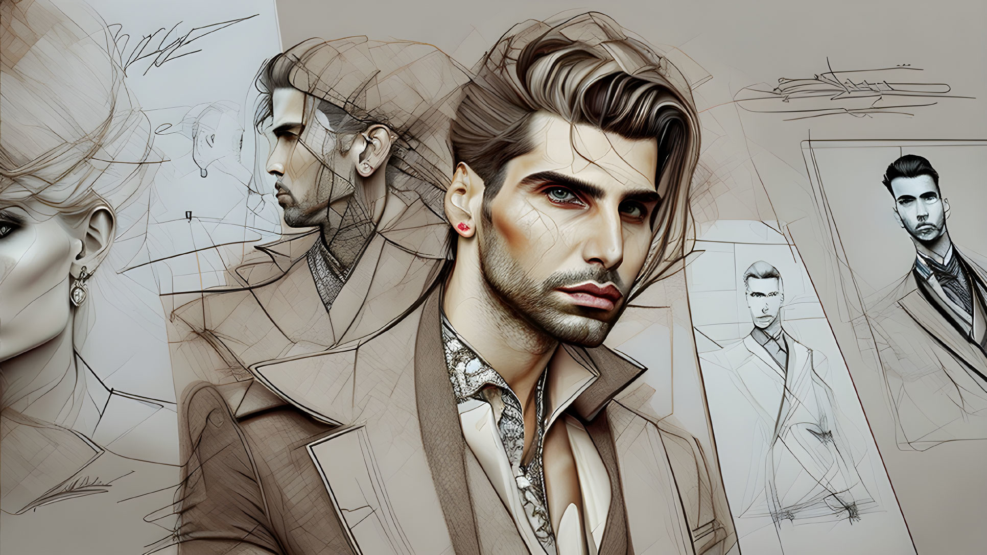 Stylized male model poses in digital art piece