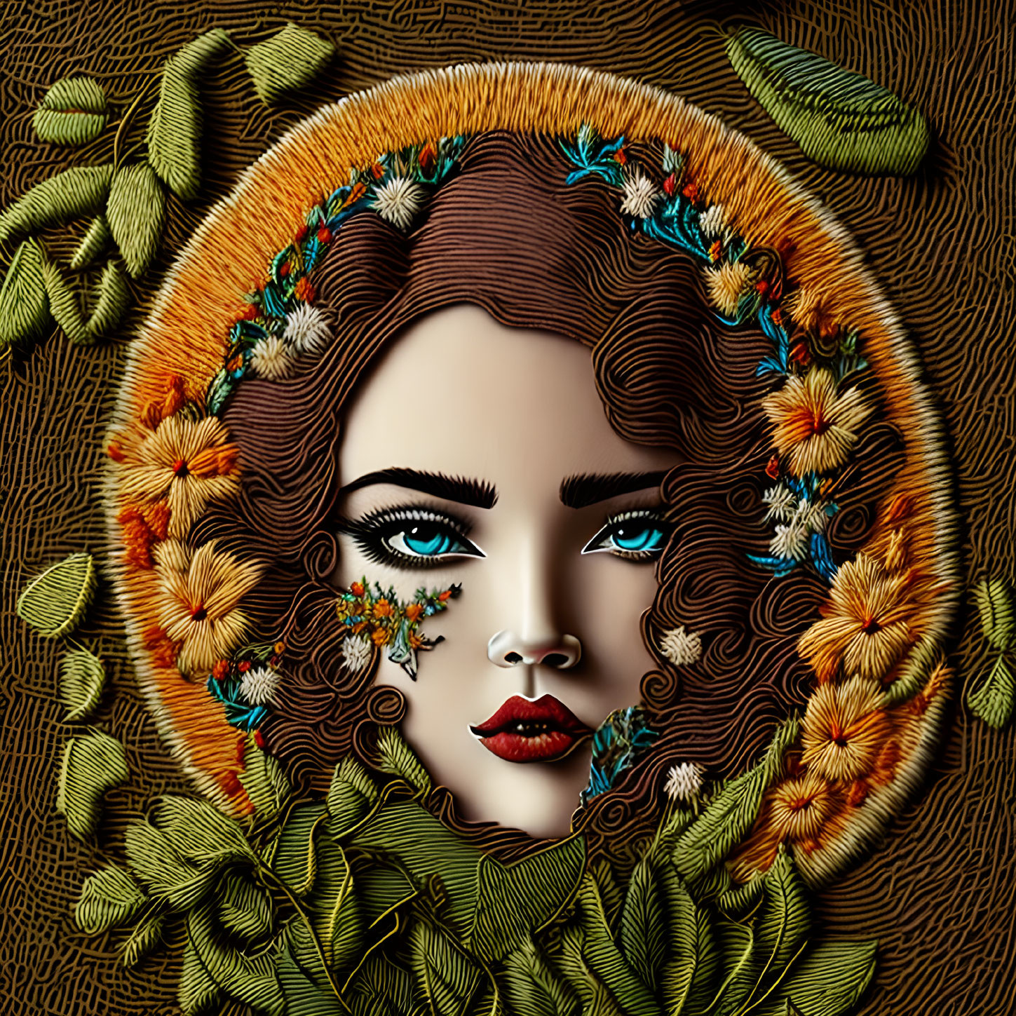 Detailed floral tapestry surrounding woman's face with vibrant eyes