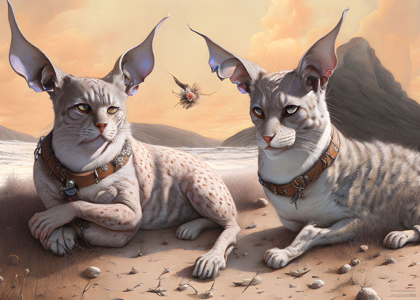 Anthropomorphic Cats with Collars in Desert Setting observing Hovering Creature