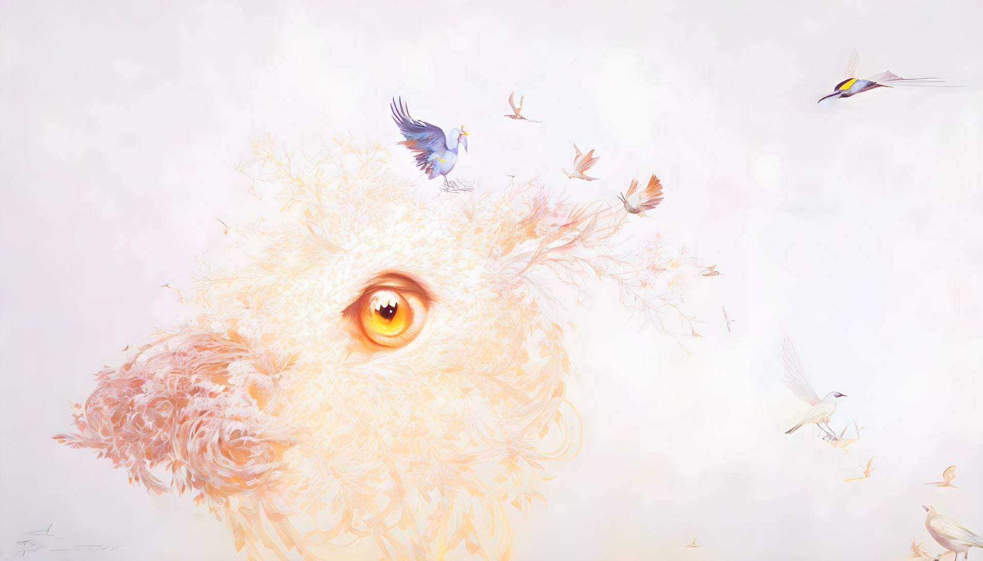 Feathered creature with golden eye surrounded by colorful birds on pastel background