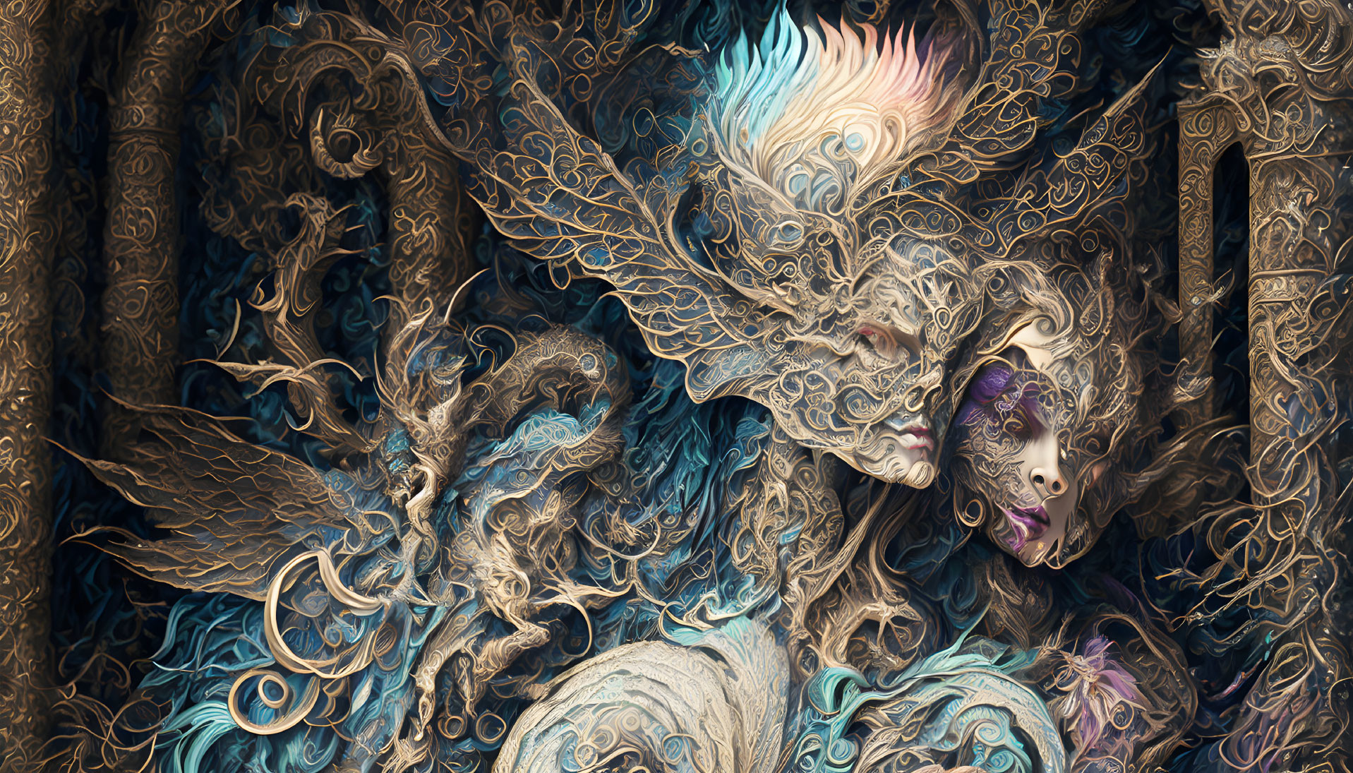 Detailed ornate image of stylized faces with mythical bird-like features in blues, golds, and