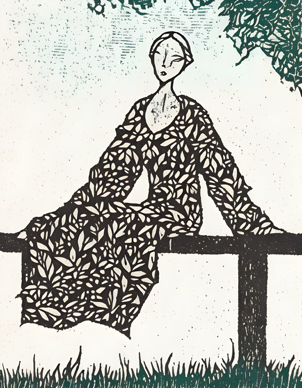 Illustration of person on fence with leafy vine patterns on body and clothing