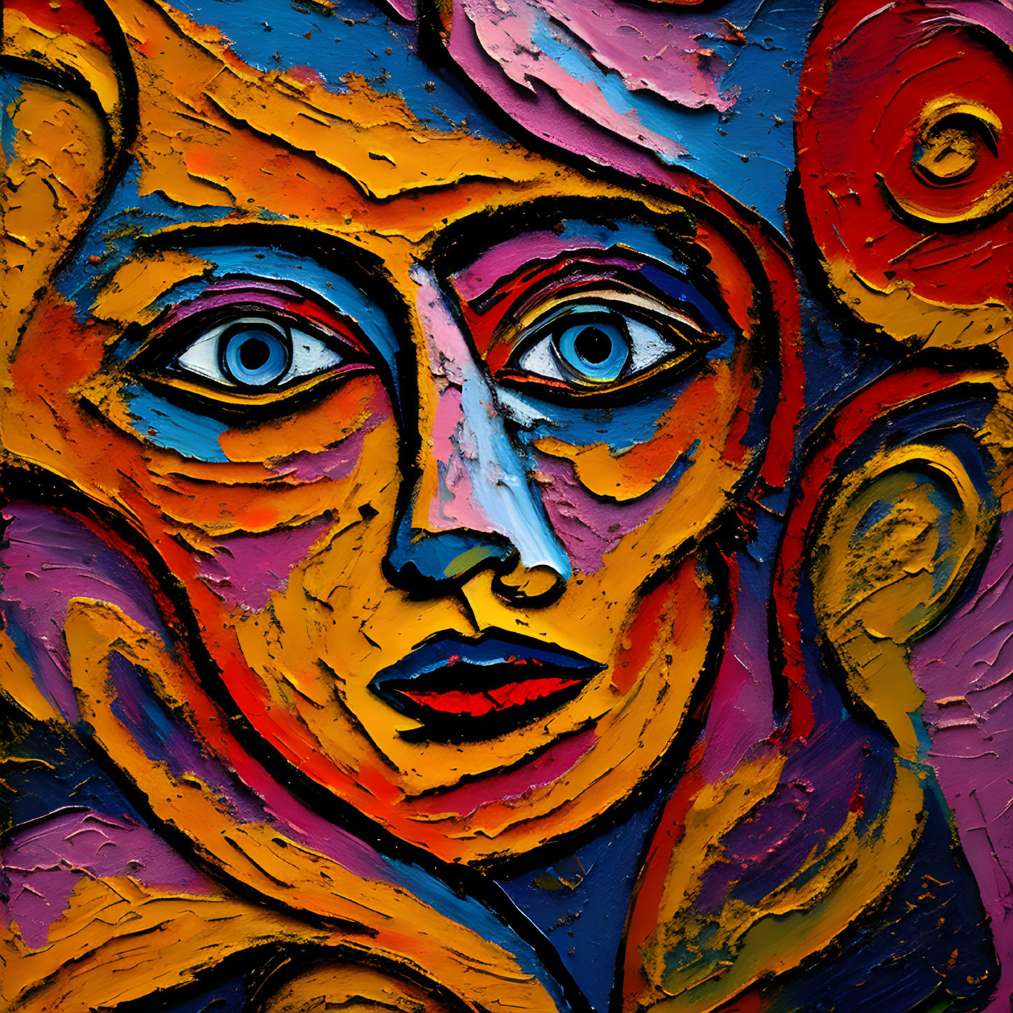 Vibrant abstract portrait with exaggerated features in bold colors