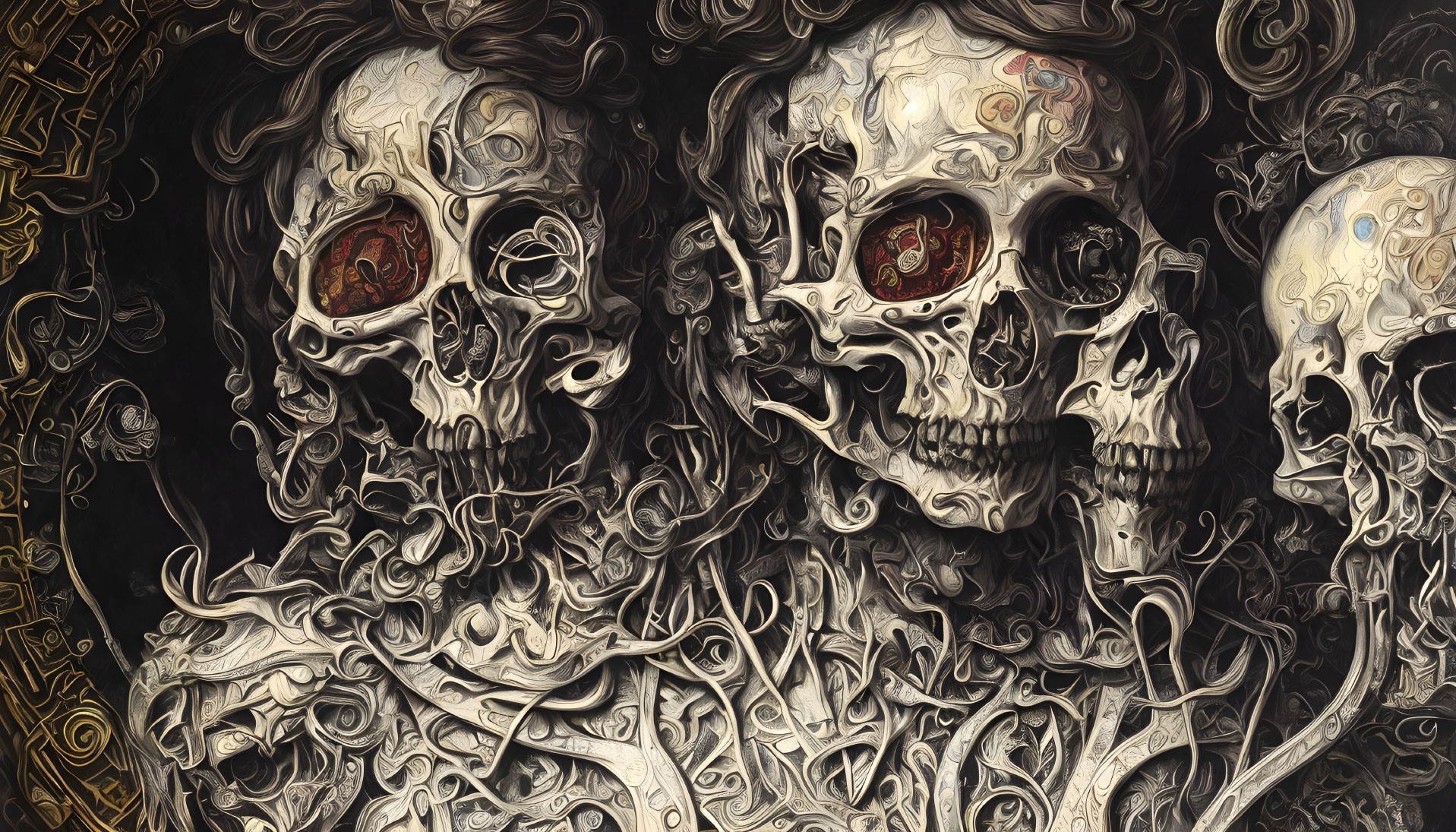 Detailed artwork featuring ornate patterned skulls with red eyes on textured background